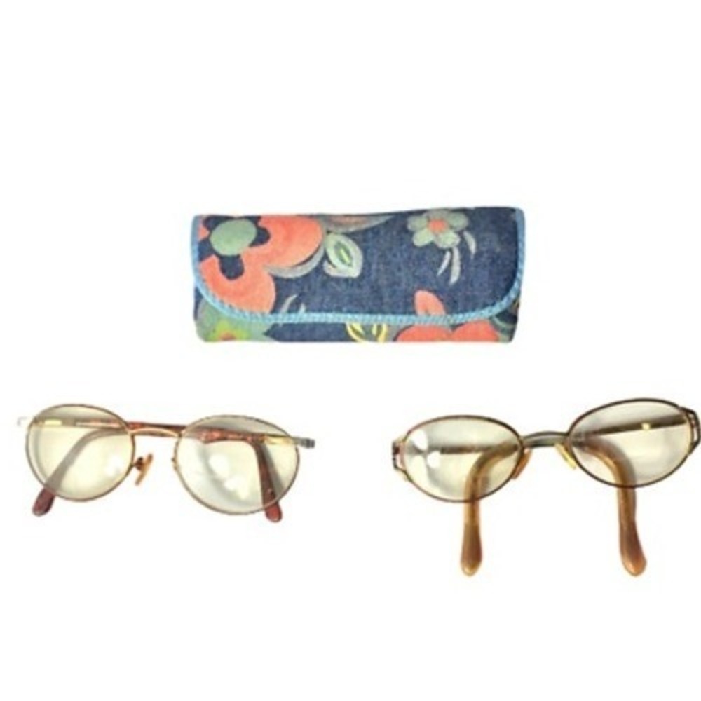 2 Vintage Metal Rim Womens Eyeglasses and 1 Floral Case Costume Cosplay